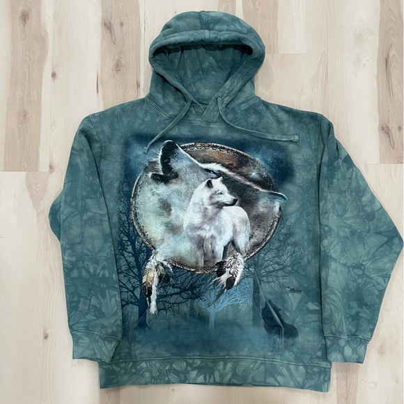 The Mountain Unisex Medium Wolf Spirit Hooded Sweatshirt Tie Dye Teal Hoodie - Picture 2 of 16